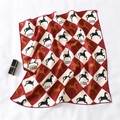 Detail of red and beige silk-like square scarf with horse patterns and GOOD text - Red Beige Argyle Pixel Horse Style (FX-132)