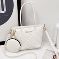 White quilted straw tote bag set with matching small round pouch and golden logo details - White