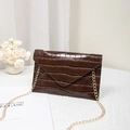 Dark brown crocodile pattern envelope clutch bag with fine gold metal chain strap - Brown