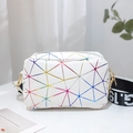 White camera bag with colorful geometric patterns and branded wide letter strap - Multicolor White