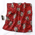 Detailed view of a red silk scarf with black leopard print and white floral patterns - Red Black Leopard White Floral Style (FX-118)