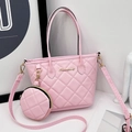 Pink quilted straw tote bag set with matching round coin purse and gold hardware - Pink