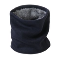 Macro detail of navy knit neck warmer with thick grey faux fleece lining for winter warmth - Navy Blue