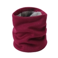 Detail of burgundy ribbed knit neck warmer with soft grey faux fur lining for winter comfort - Dark Rose Red