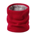 Detail view of red knitted neck warmer with thick grey faux fur lining for winter warmth - Red
