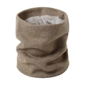 Detail of khaki ribbed knit neck warmer with thick grey fleece lining for winter comfort - Dark Camel