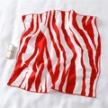 Detail of red and white animal print square silk scarf with satin finish and fine edge stitching - Red White Striking Zebra Style (FX-112)