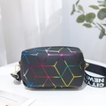 Black camera bag with colorful geometric patterns and branded wide shoulder strap - Multicolor Black