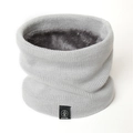 Detail of light gray knit neck warmer with thick faux fur lining and winter logo patch - 50*20cm / Light Gray