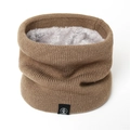 Winter knitted neck warmer in brown with thick grey fleece lining and logo patch - 50*20cm / Camel