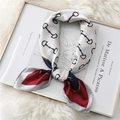 Square silk scarf featuring classic red and blue bridle bit print on white fabric - 70x70cm / Wine Red Border