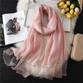 Pink silk shawl scarf with elegant beaded pearls and sheer mesh detail on white fur background - Snow Bud