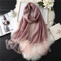 Detail of pink silk scarf featuring hand-stitched pearl beads and elegant organza trim - Leather Purple