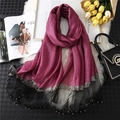 Detail of dark burgundy silk scarf with black lace border and fine golden bead accents - Rose Purple