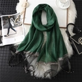 Dark green silk wool scarf with mesh拼接 and gold beading on a white fur mat backdrop - Green