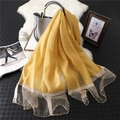 Ginger yellow silk wool shawl with sheer mesh borders and delicate pearl embellishments - Yellow
