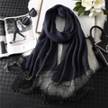Detail of dark blue silk scarf with contrast glitter trim and elegant pearl bead embellishments - Navy Blue