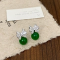 Elegant bow stud earrings with white zircons and emerald green beads on textured card - Green Chalcedony Zircon Silver Flower Studs