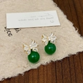 Elegant gold bow earrings featuring zircon stones and vintage green beads on wood - Green Chalcedony Zircon Gold Flower Studs (A-406)