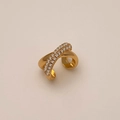 Detailed view of crisscross gold ear cuff with shimmering micro-pave cubic zirconia - Cross Zircon Ear Cuff / Gold