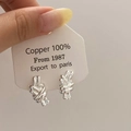 Macro-opname van zilverkleurige koperen knoopoorbellen op een witte productkaart gepresenteerd - Zilver / Koperen oorknopje