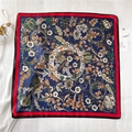 Detail of navy silk square scarf with red edges and intricate floral patterns - Fj461-1 / 70*70cm