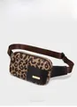 Detail of leopard print running fanny pack with golden plate and nylon strap in brown - Leopard Brown