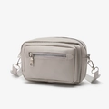 Minimalist light grey crossbody bag with silver hardware and wide fabric shoulder strap - Gray