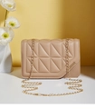 Close-up of beige quilted crossbody bag with asymmetric flap and gold metal trim - Khaki