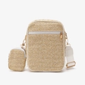 Classic beige straw shoulder bag set with white leather trim and wide fabric strap - White