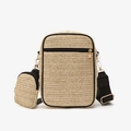 Classic straw shoulder bag set with a matching coin purse and black nylon strap - Black