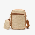 Two-piece straw crossbody bag set in beige herringbone weave with brown faux leather trim - Brown