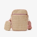 Straw woven crossbody bag with pink strap and mini pouch on white background - Pink