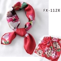 Red floral print satin scarf for hair or neck featuring pink and white flower clusters - Fx-112x / 50*50CM