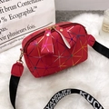 Red crossbody camera bag with geometric laser pattern and wide 'FASHION' strap - Red