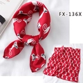Red fashion square scarf featuring white cat prints and abstract patterns, silk-like style - Fx-136x / 50*50CM