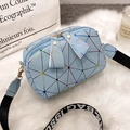 Light blue geometric crossbody bag with laser reflective triangles and wide print strap - Blue