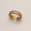 Macro view of gold adjustable ring featuring pavé rectangle zircons and beaded edge details - Adjustable / Gold