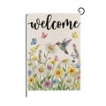 Welcome garden flag featuring linen texture with hummingbird and floral pattern - Daisy Lavender Style (HYQ081-9)