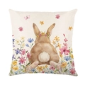 Easter rabbit pillow cover with floral wreath and colorful flowers on beige linen - Watercolor Bunny Back (JYM708-4)