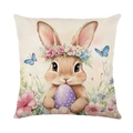 Easter rabbit pillow cover with floral wreath and colorful egg on linen texture fabric - Jym705-1 / 45x45 Square (No Insert)