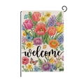Drapeau de jardin de Pâques en lin avec fleurs colorées et texte welcome sur support - Tulipes et Jonquilles Colorées (HYQ082-8)