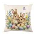 Oster-Kissenbezug mit Aquarell-Hasen und bunten Eiern auf weißem Leinenstoff - 45x45 / Zwei Hasenstil (JYM709-2)