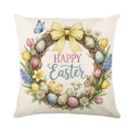 Osterhasen-Kissenbezug mit Blumenkranz und Happy Easter Text auf Leinenstruktur - 45x45 / Kranz Hasenstil (JYM709-1)