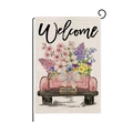 Bandiera da giardino pasquale con camion rosa vintage e fiori su sfondo bianco - Stile Camion Vintage Welcome (HYQ086-5)