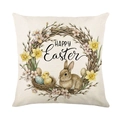 Linen Easter pillow cover with vintage rabbit, wreath and Happy Easter lettering - Wreath Rabbit and Chick Style (JYM712-1)