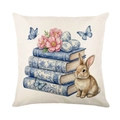 Funda de cojín de lino para Pascua con conejo, libros y huevos azules en fondo blanco - 45cmx45cm / Estilo Libros y Conejo (JYM714-2)