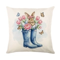 Funda de cojín de Pascua en lino con conejo acuarela y botas con flores - 45cmx45cm / Estilo Botas de Lluvia y Conejo (JYM714-3)