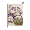 Oster-Gartenflagge mit süßem Hasen und bunten Eiern auf Leinenstoff mit Oster-Schriftzug - Cartoon Hase mit Hut und Eierkorb (HYQ087-7)