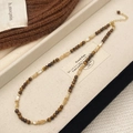 Tiger eye stone and natural shell beaded necklace with gold accents in jewelry box - Natural Tiger Eye Shell Style (B-447)